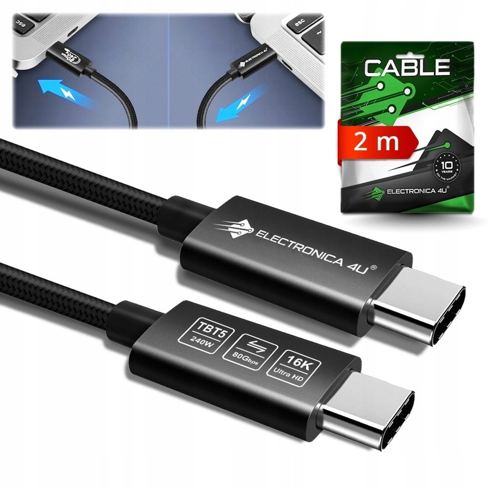 TECKIN Szybki kabel do transmisji Thunderbolt 5 Certyfikowany INTEL chip 240W 2m