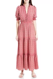 Max Studio Damska sukienka maxi z długimi łokciami, rękawami, z nadrukiem, Czerwona lilia, M - Sukienki - miniaturka - grafika 1