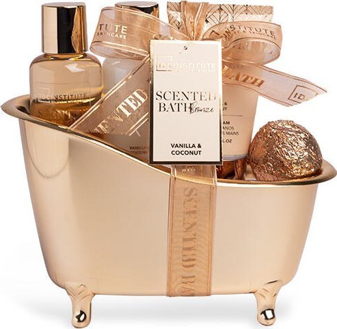 Kūno priežiūros rinkinys IDC Institute Scented Bronze Vanilla coconut: dušo želė 100 ml + kūno losjonas 100 ml + rankų kremas 80 ml + vonios bomba 30 g
