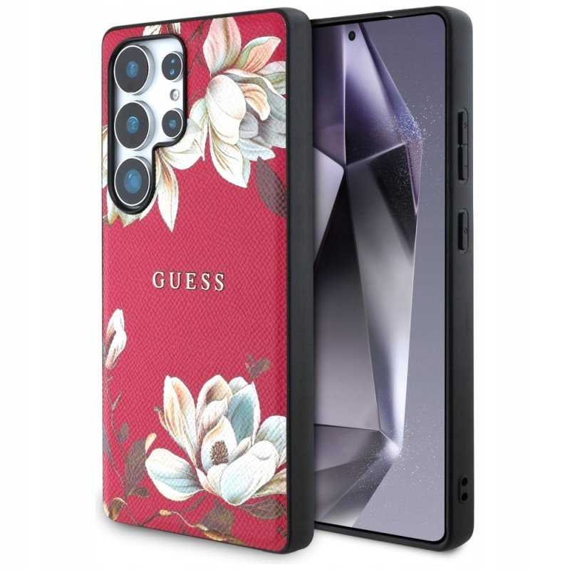 Guess Etui Grained Flower Pattern MagSafe do Galaxy S25 Ultra, różowe