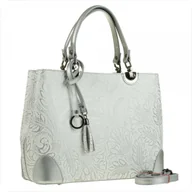 Torebki damskie - Skórzana torebka shopper kuferek L biała ze srebrnym wzorem - miniaturka - grafika 1