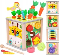 Zabawki interaktywne dla dzieci - Kostka Edukacyjna Drewniana Interaktywna Sorter Zegar Cymbałki Gra Robaczki - miniaturka - grafika 1