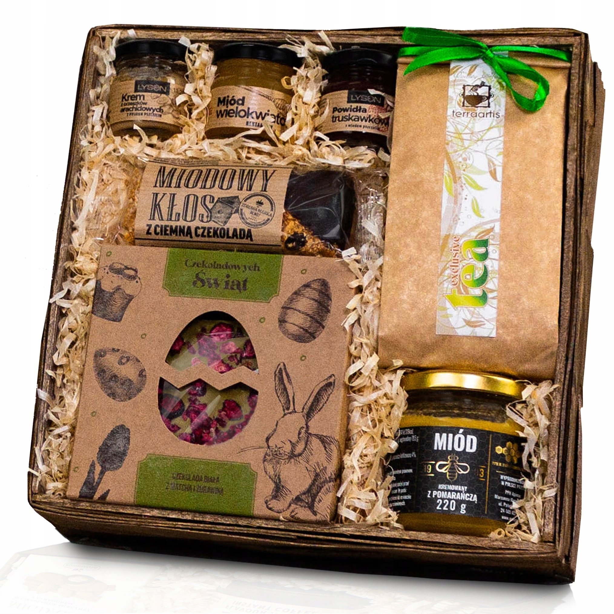 Kosz Upominkowy Na Wielkanoc gotowy herbata przetwory słodycze miód