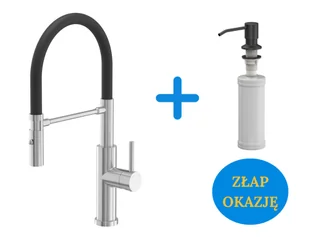 Quadron POP Bateria zlewozmywakowa stalowa ANDY STEELQ z ruchomą wylewką na gumie i funkcją prysznica kolor stal szlachetna/czarny wąż plus dozownik okrągły do płynu KEIRA kolor pure carbon - Baterie kuchenne - miniaturka - grafika 1
