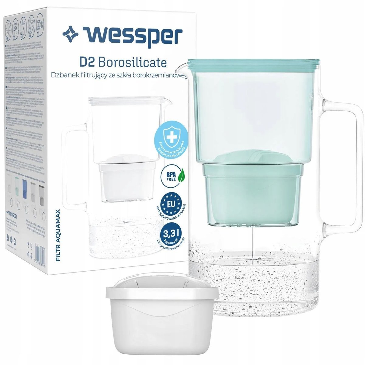 Dzbanek do wody szklany Wessper Borosilicate 3,3L + wkład (miętowy)