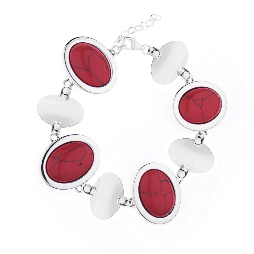 Srebrna bransoletka pr. 925gładka z czerwonymi kamieniami - Koral