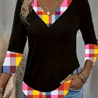 Bluzki damskie - TEMU Elegancka bluzka damska z dekoltem w serek - & Kolorowa koszula w kratę z wielokolorowymi (różowym, zielonym, żółtym, fioletowym, pomarańczowym, - miniaturka - grafika 1