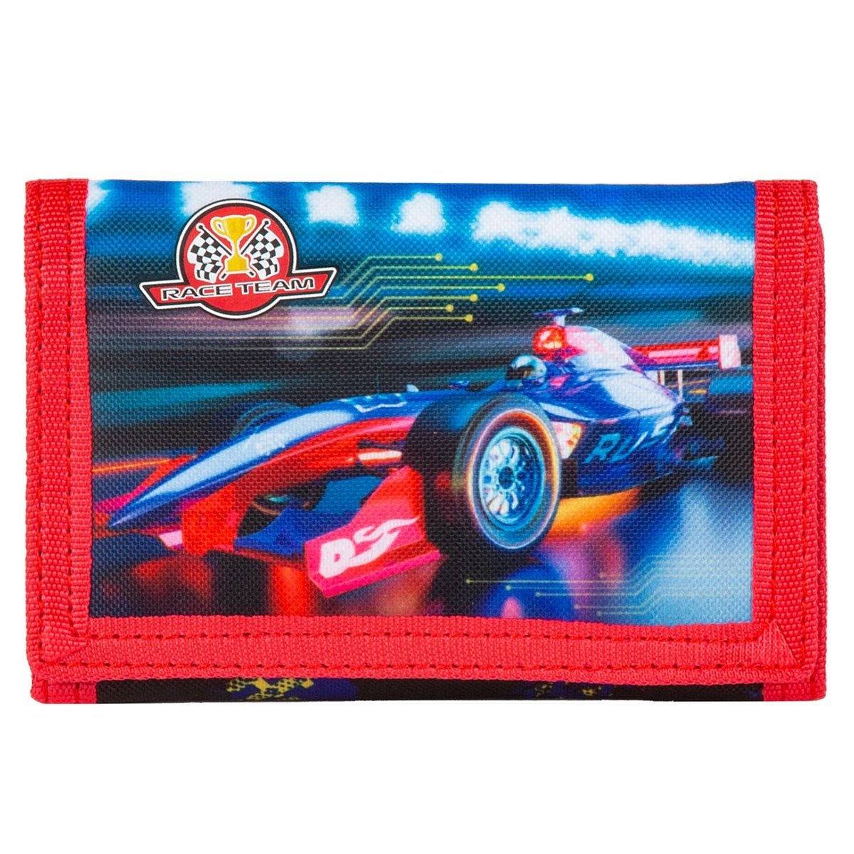 Portfel dla chłopca młodzieżowy składany Samochód wyścigowy F1 niebieski