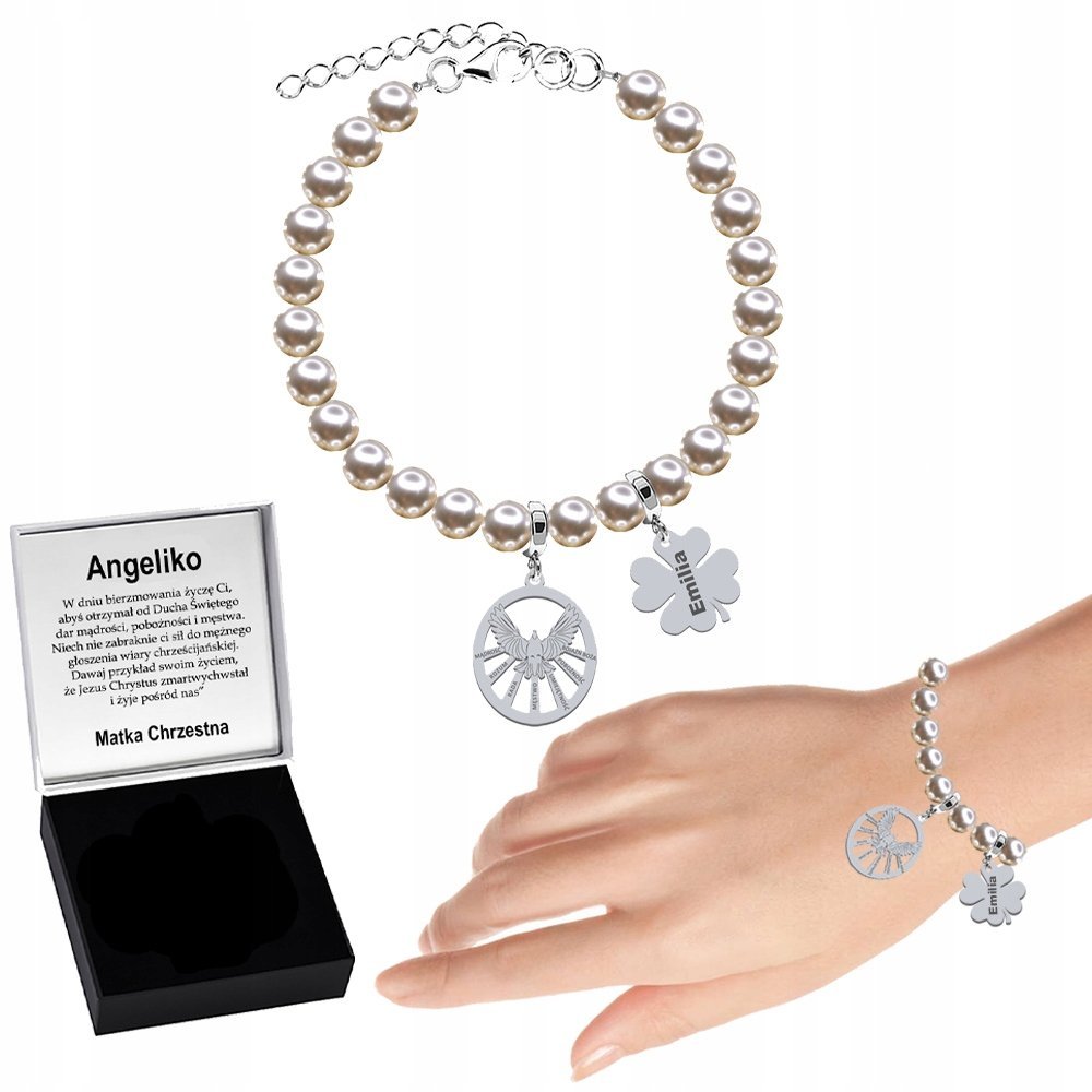 Bransoletka SREBRNA na BIERZMOWANIE Duch Święty Koniczyna GRAWER GRATIS