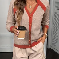 Swetry damskie - TEMU Kardigan Damski Elegancki z Guzikami – Sweter z Długim Rękawem w Kolorach Beżowym/Brązowym/Czerwonym/Pomarańczowym – Pranie Maszynowe, Kurtka na - miniaturka - grafika 1