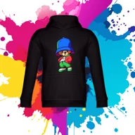 Bluzy dla dziewczynek - Bluza dziecięca typu kangurka z kapturem w kolorze czarnym z nadrukiem ludzik Exa 4 lata - miniaturka - grafika 1