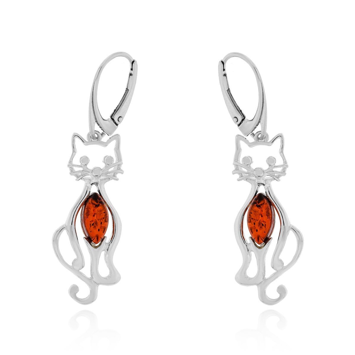 Srebrne kolczyki z bursztynem kotek, bigiel pr. 925