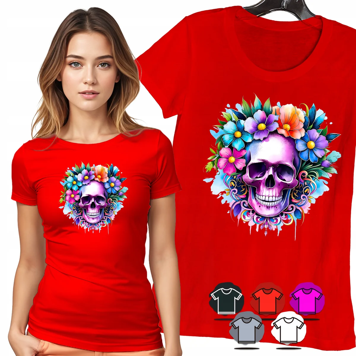 KOSZULKA DAMSKA T-SHIRT - CZASZKA TĘCZOWE KWIATY DAMSKI WZÓR MODNY - M