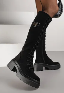 Czarne Sznurowane Kozaki Vices z Imitacji Zamszu na Platformie w Stylu Grunge Lattime - Kozaki damskie - miniaturka - grafika 1