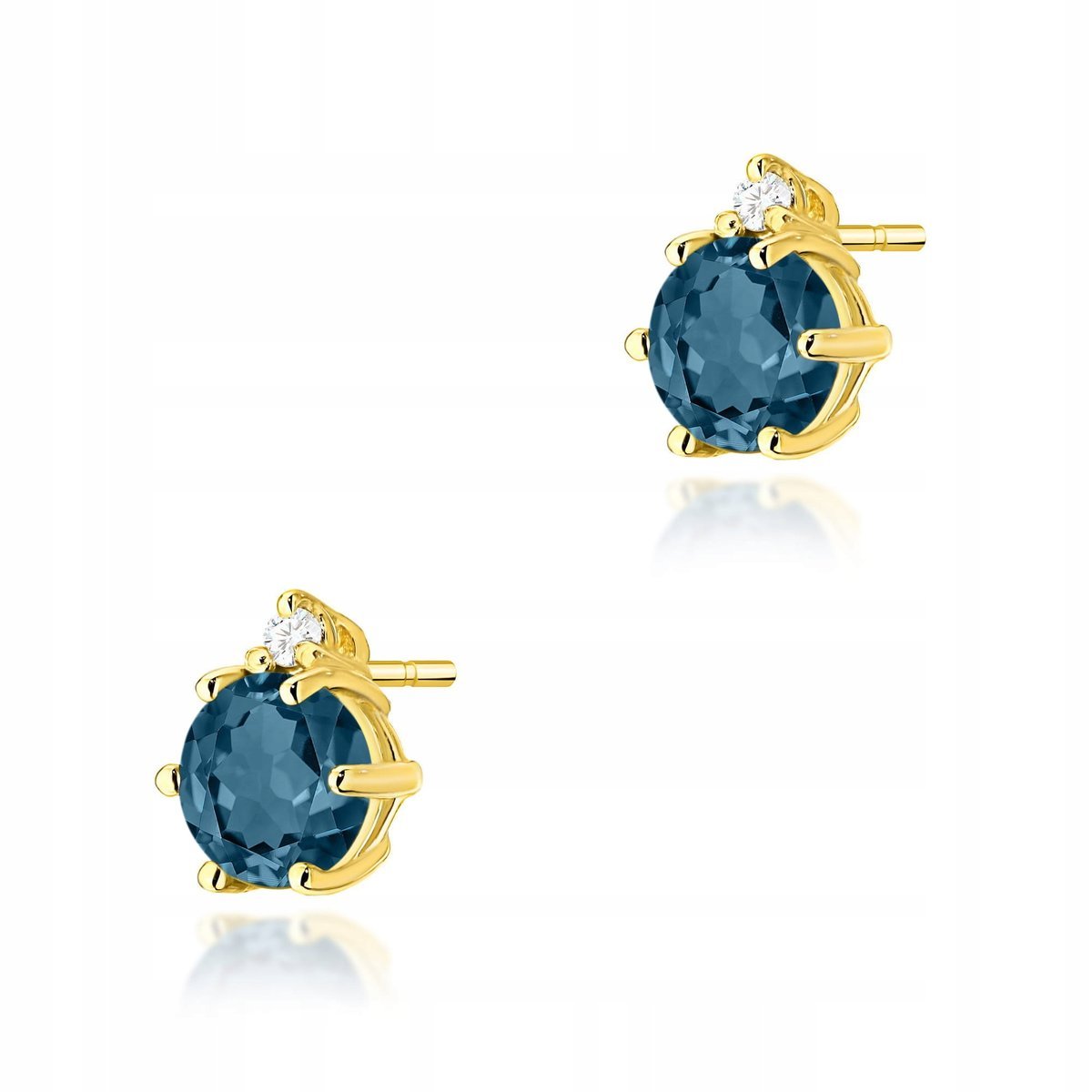 Złote kolczyki 585 z topazem London Blue i diamentami 1,1g okrągłe kamenie