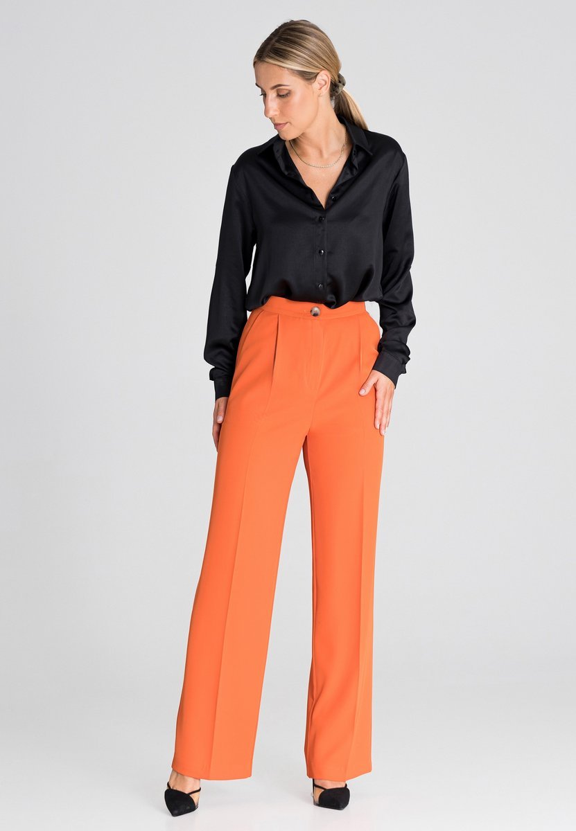 Eleganckie spodnie damskie z wysokim stanem do biura Regular Fit, długie nogawki - M949, pomarańczowy, S