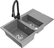 Zlewozmywaki z baterią - Mexen Gaspar zlewozmywak granitowy 1,5-komorowy z ociekaczem i baterią kuchenną Elia, szary - 6507-71-670101-70 - miniaturka - grafika 1