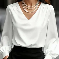 Koszule damskie - TEMU Damska bluzka z długim rękawem i dekoltem w serek, Elegancka jednokolorowa, Odpowiednia na wiosnę, i jesień - miniaturka - grafika 1
