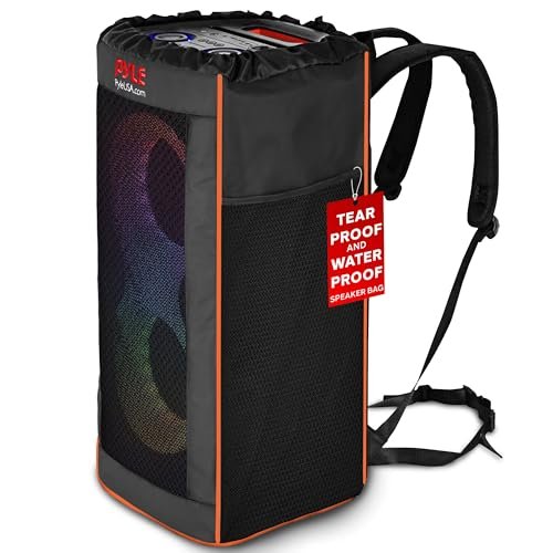 Pyle Przenośna wodoodporna torba głośnikowa, odporna na rozdarcie torba podróżna z regulowanymi paskami plecaka, bocznymi kieszeniami do przechowywania i sznurkiem na górze, kompatybilna z głośnikiem