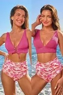 Stroje kąpielowe - CUPSHE Różowy komplet bikini z głębokim dekoltem i majtki z wysokim stanem - miniaturka - grafika 1