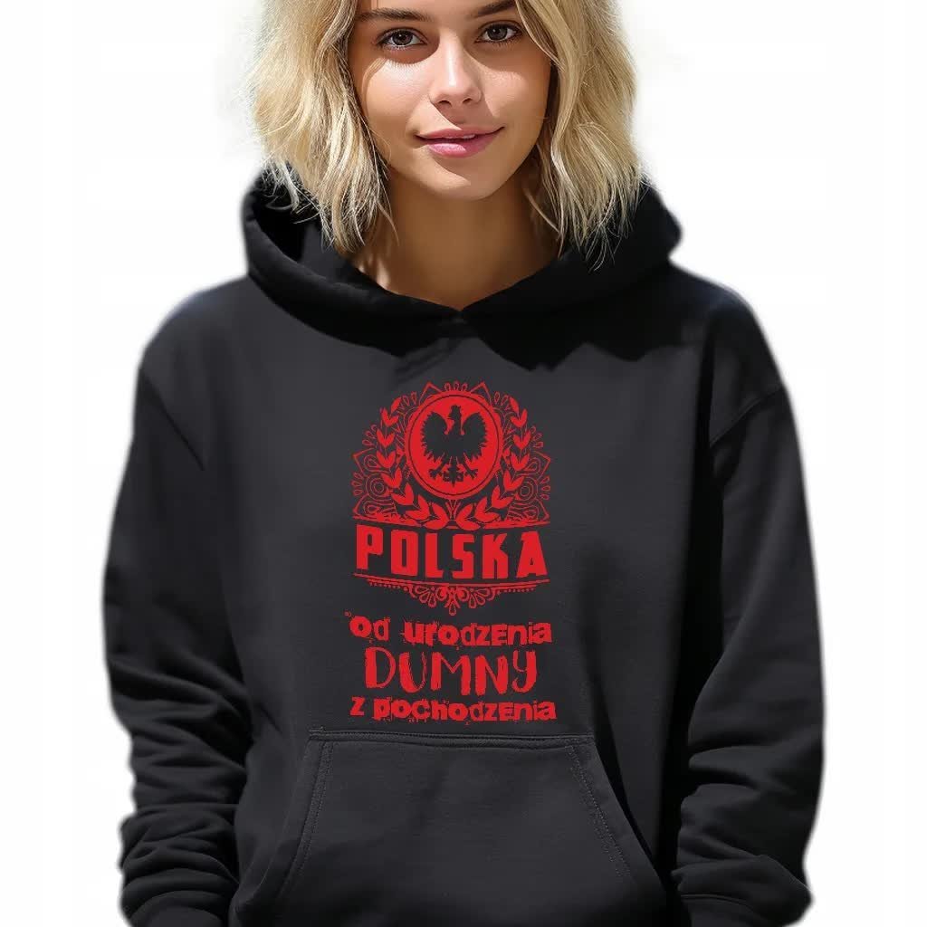 Bluza Damska Czarna z Kapturem POLSKA DUMNY OD URODZENIA Patriotyzm Wz L