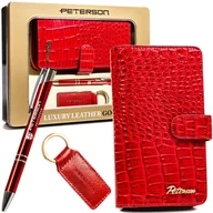 Portfele - Elegancki pionowy portfel damski z lakierowanej skóry naturalnej czerwony na zatrzask i suwak prezent na karty zestaw portfel + długopis + brelok oc.. - miniaturka - grafika 1