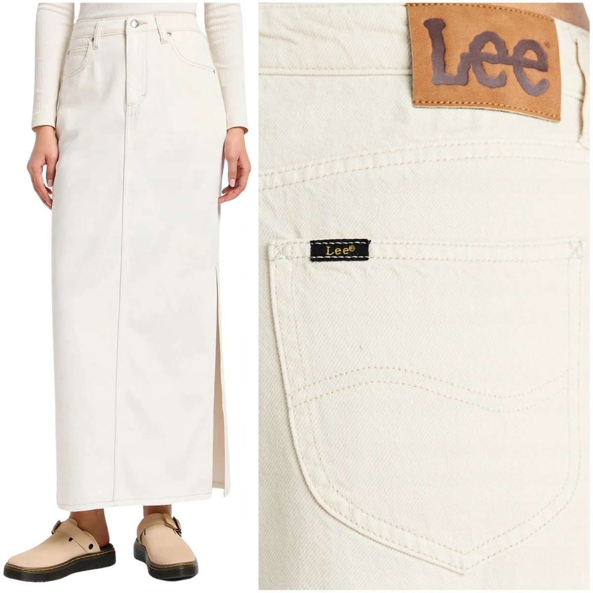 Lee SIDE SLIT MAXI SKIRT długa biała jeansowa spódnica rozcięcie z boku W28