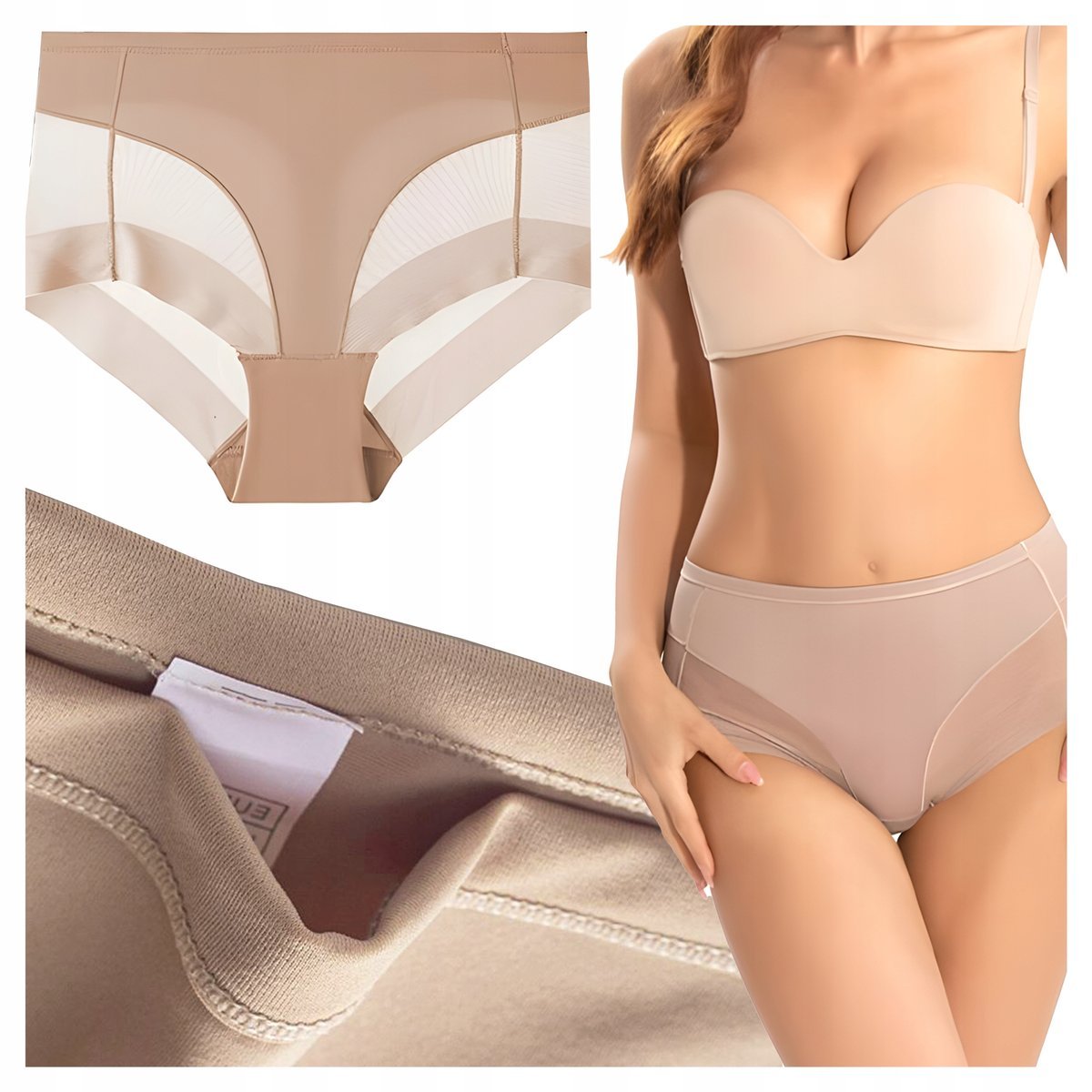 MAJTKI DAMSKIE WYSZCZUPLAJĄCE Brzuch Bielizna Wysoki Stan Figi Beżowe L