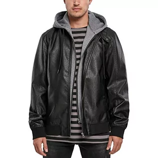 Kurtki męskie - Urban Classics Męska kurtka polarowa z kapturem Fake Leather Jacket, czarny/szary, S - grafika 1