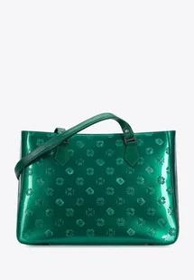 Torebka shopperka z błyszczącej skóry w monogram zielona - Torebki damskie - miniaturka - grafika 1