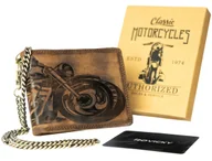 Portfele - Portfel męski średni skórzany z łańcuszkiem brązowy motocyklowy klasyczny poziomy bez zapięcia rozbudowany na karty ochrona RFID - miniaturka - grafika 1