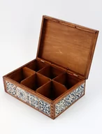Pojemniki kuchenne - Herbaciarka 6 przegródek, elegancie pudełko  na herbatę lub drobiazgi. Wzór portugalski azulejos niebieskie - miniaturka - grafika 1