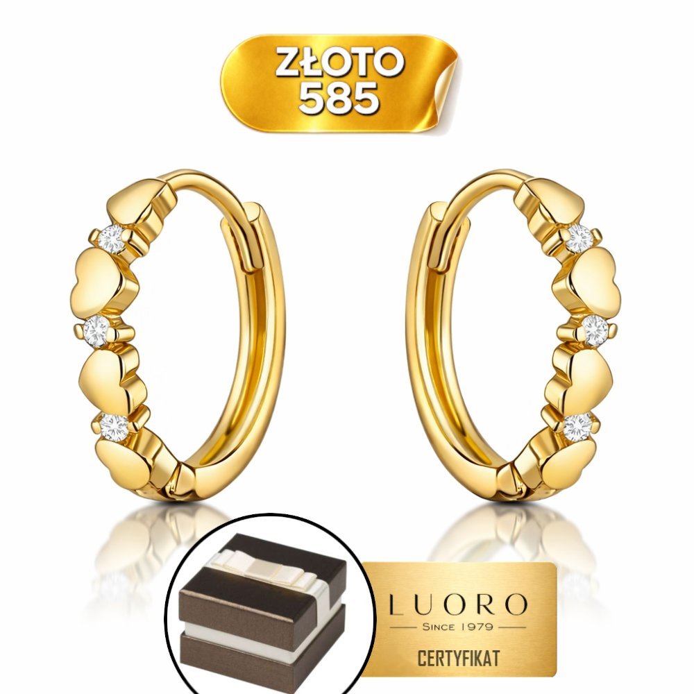 KOLCZYKI ZŁOTE 585 14K SERCA Z CYRKONIĄ KREOL 12,5 MM PREZENT