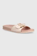 Klapki i japonki damskie - Tommy Hilfiger klapki zamszowe TH HARDWARE SUEDE FLAT SANDAL damskie kolor różowy FW0FW07935 - miniaturka - grafika 1