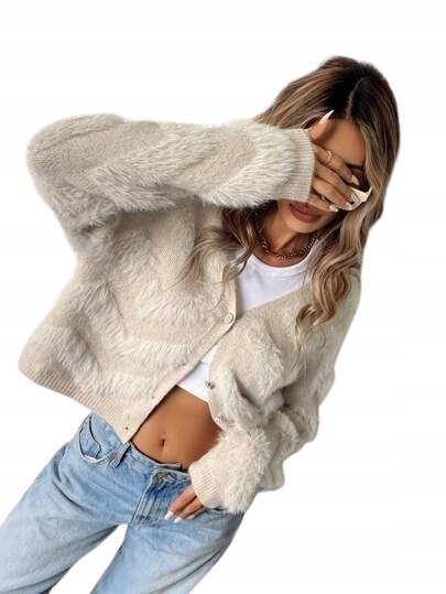 SHEIN SWETER BEŻOWY Z DŁUGIM RĘKAWEM NA GUZIKI M 1GA