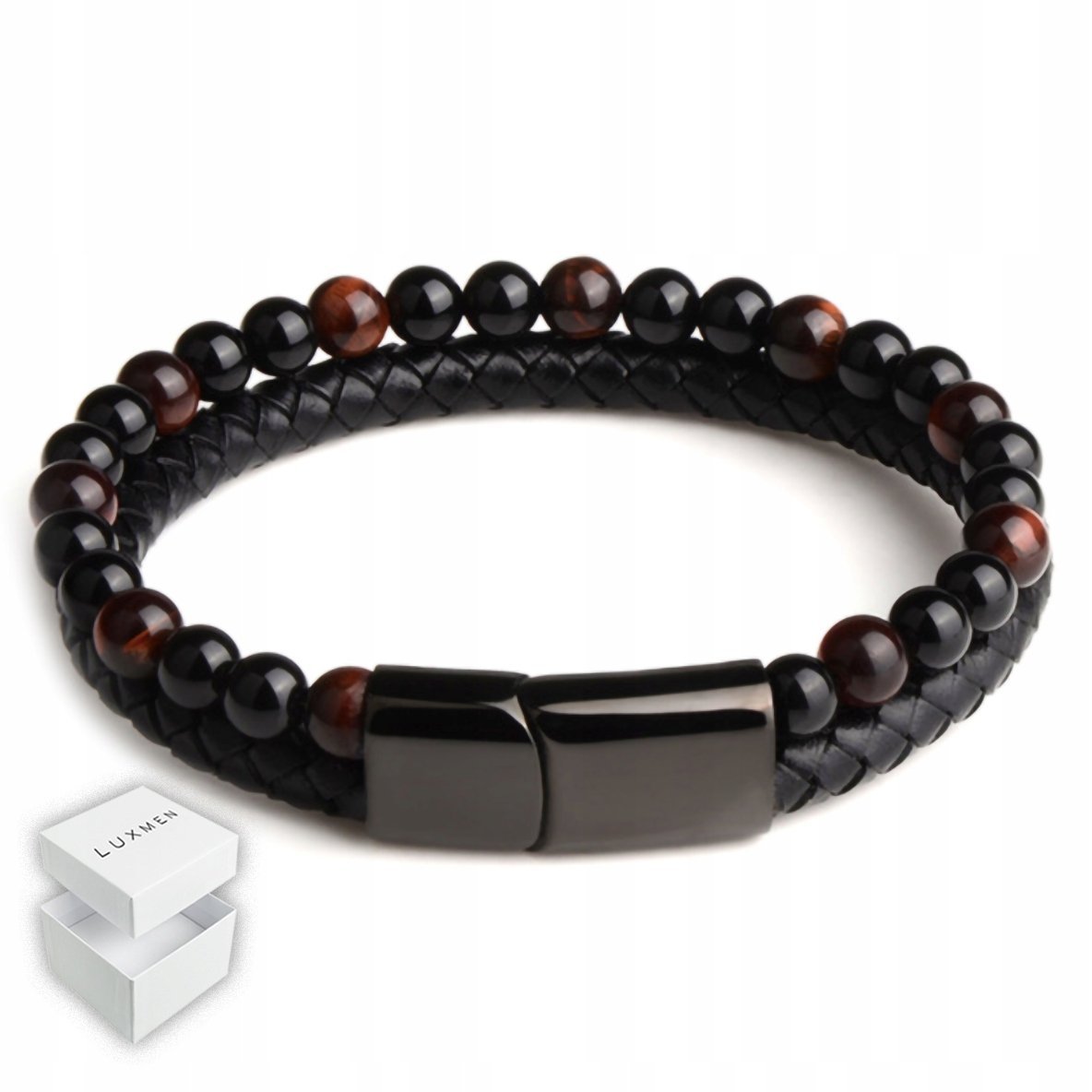 Skórzana Bransoletka Męska Czarna Skóra Korale