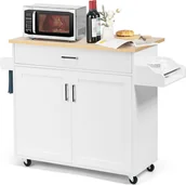 Wózki kuchenne - KOMFOTTEU wózek kuchenny wózek do serwowania z blatem, szafka kuchenna drewniana na kółkach, wyspa kuchenna wózek kuchenny z szufladą i regulowaną półką, stojak na przyprawy, wózek kuchenny 116x40x85cm (biały) - miniaturka - grafika 1