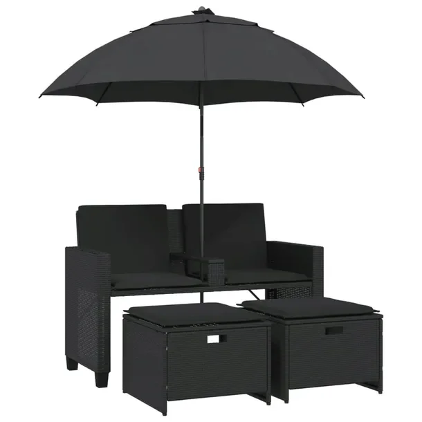 Zestaw Meblowy Ogrodowy z Parasolem i Stołkami, Rattan PE, Czarny, 120x61x