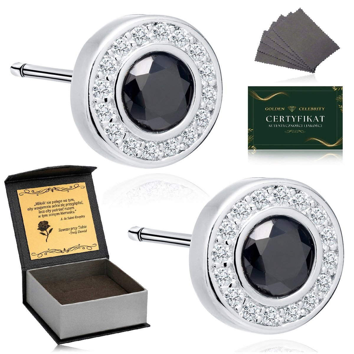 Srebrne Kolczyki Damskie Pr. 925 Cyrkonie Okrągłe / Czarne Wkrętki + Grawer