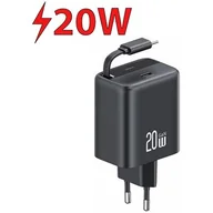 Ładowarki do telefonów - USAMS Ład. siec. 1xUSB-C ze zwijanym kablem USB-C Retractable PD+QC 20W Gan Fast Charging czarny/black YC Series CC233TC01 (US-CC233) - miniaturka - grafika 1