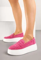 Półbuty damskie - Fuksjowe Skórzane Półbuty Mokasyny na Grubej Podeszwie z Ozdobnym Paskiem Tellavira - miniaturka - grafika 1