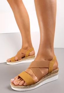 Sandały damskie - Brązowe Wsuwane Sandały na Plecionym Koturnie Kosei - grafika 1