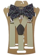 Paski - Granatowo-beżowy zestaw - gładkie szelki i mucha w kratkę XM18 - miniaturka - grafika 1