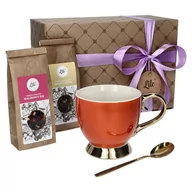 Filiżanki - Filiżanka porcelanowa z łyżeczką i herbatą Imbir z Pigwą + Malinowy Raj odcienie pomarańczowego Lile Paeonia LI-086G - miniaturka - grafika 1