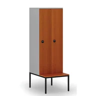 Szafy biurowe - Drewniana szafa ubraniowa z ławką, 2-drzwiowa, 1871 x 600 x 500/800 mm, zamek RFID, szary/czereśnia - miniaturka - grafika 1