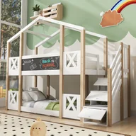 Łóżka dla dzieci i młodzieży - Łóżko piętrowe domek z litego drewna sosnowego z barierkami przeciwupadkowymi + drabinka do przechowywania + tablica czarna - 90x200cm - Naturalny - miniaturka - grafika 1