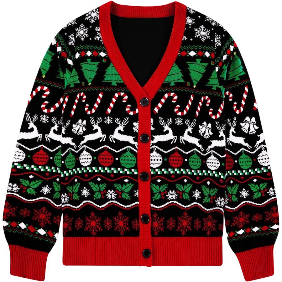 Damski Kardigan Sweter Świąteczny Rozpinany Guziki Wzorzysty Czarny M