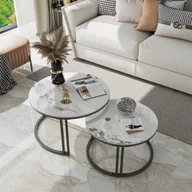 Ławy i stoliki kawowe - WISFOR zestaw 2 stolików kawowych z aluminiową ramą, stolik kawowy o marmurowym wyglądzie, okrągły stolik kawowy do salonu, stolik sofy, jadeitowy biały - miniaturka - grafika 1
