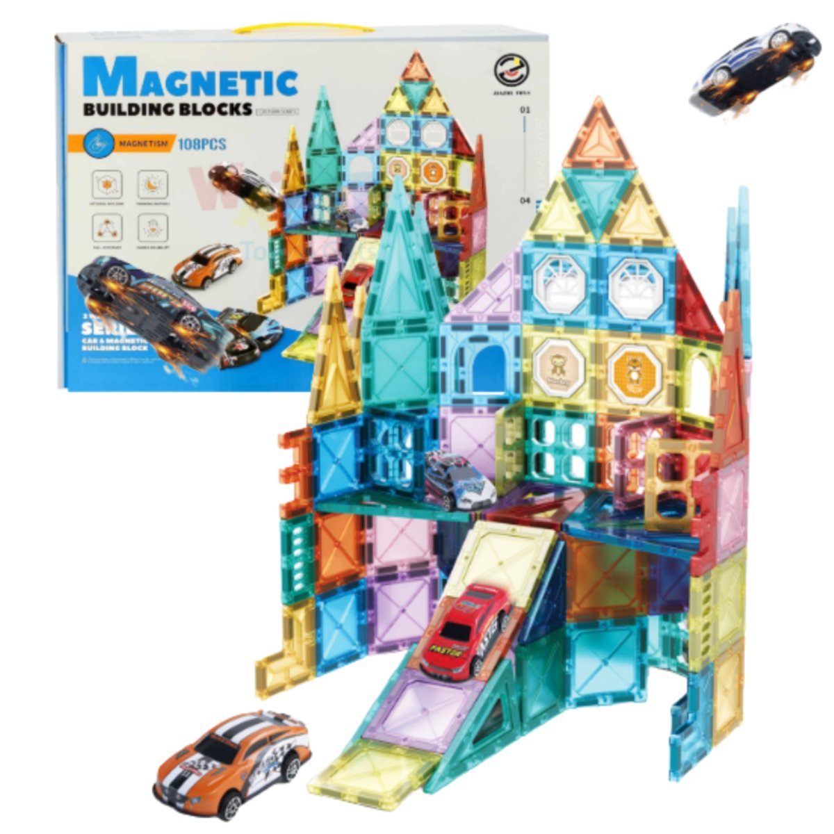 KLOCKI MAGNETYCZNE KONSTRUKCYJNE EDUKACYJNE DLA DZIECKA TOR SAMOCHODOWY 108