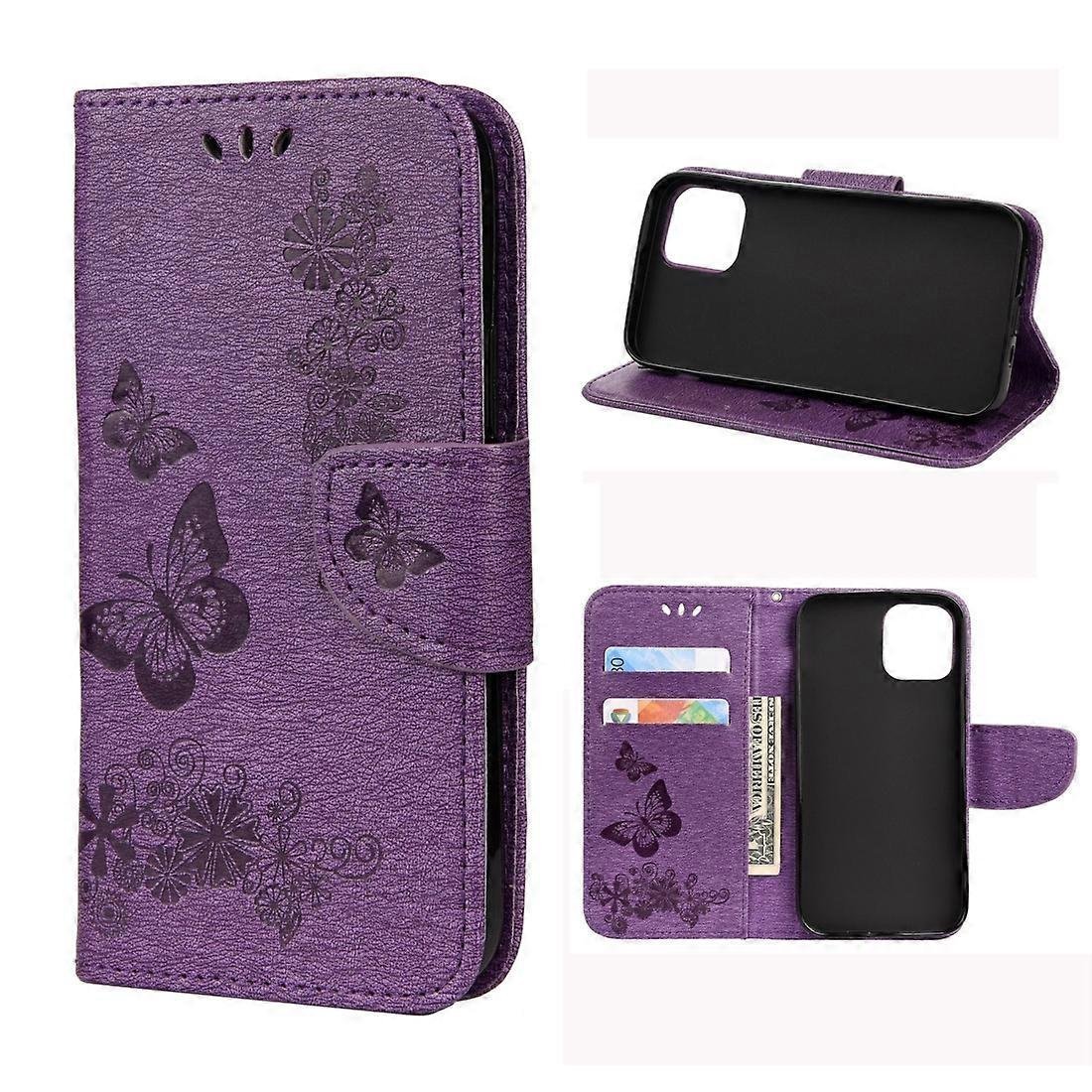 Vintage wytłoczony kwiatowy wzór motyla Poziome skórzane etui z klapką z miejscem na kartę i uchwytem oraz portfelem i smyczą do iPhone'a 12 Pro Ma...